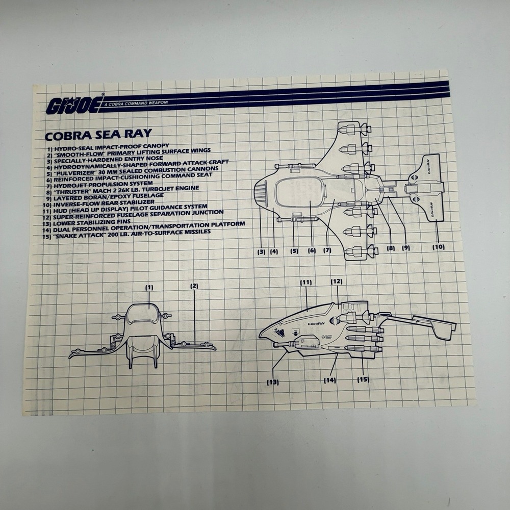 Vintage 1987 GI Joe Cobra Sea Ray Instruction Manual Blueprint Hasbro 181617.00B